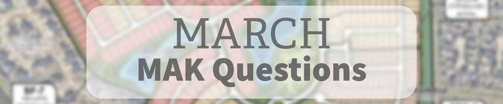 Graphic with the text MARCH MAK Questions in bold grey lettering centered over a blurred aerial photograph of a residential neighborhood with houses and winding streets.